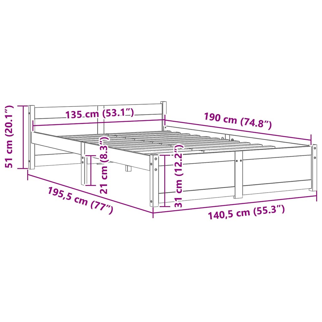 Solid Wood Grey Double Bed Frame 135x190 cm - No Mattress