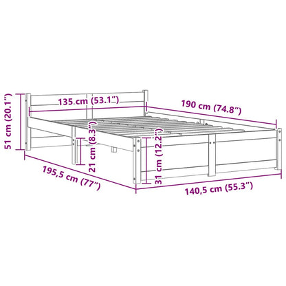 Solid Wood Grey Double Bed Frame 135x190 cm - No Mattress