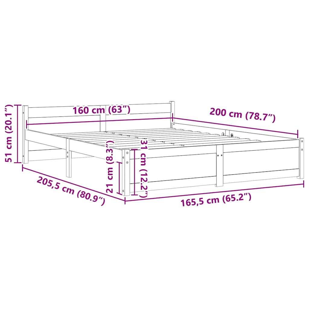 White Solid Wood Bed Frame 160x200 cm - No Mattress Included