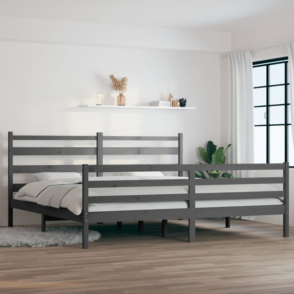 Solid Wood Pine Bed Frame in Grey, 200x200 cm - No Mattress Included