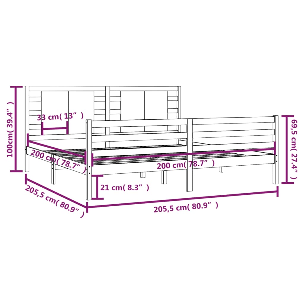 Solid Pine Grey Bed Frame 200x200 cm - No Mattress Included