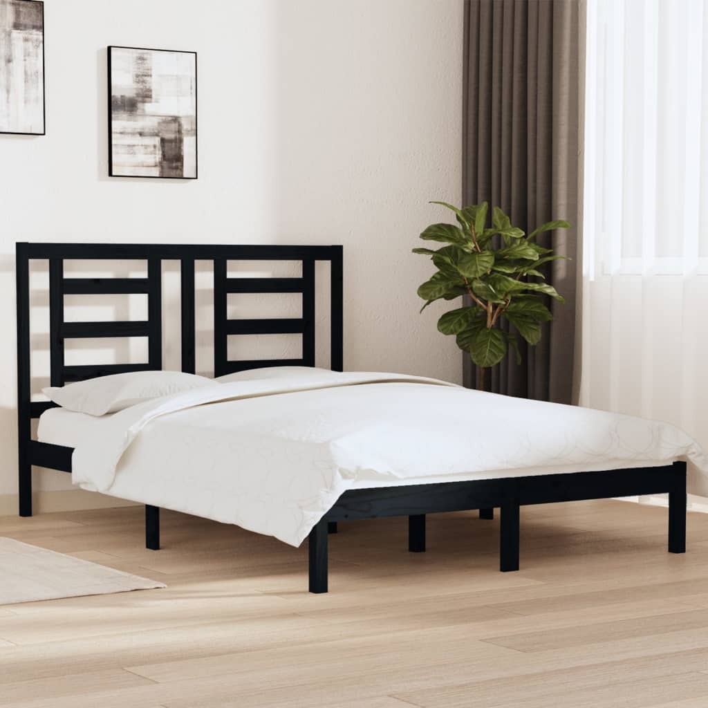 Solid Wood Pine Bed Frame, Black 140x190 cm, No Mattress