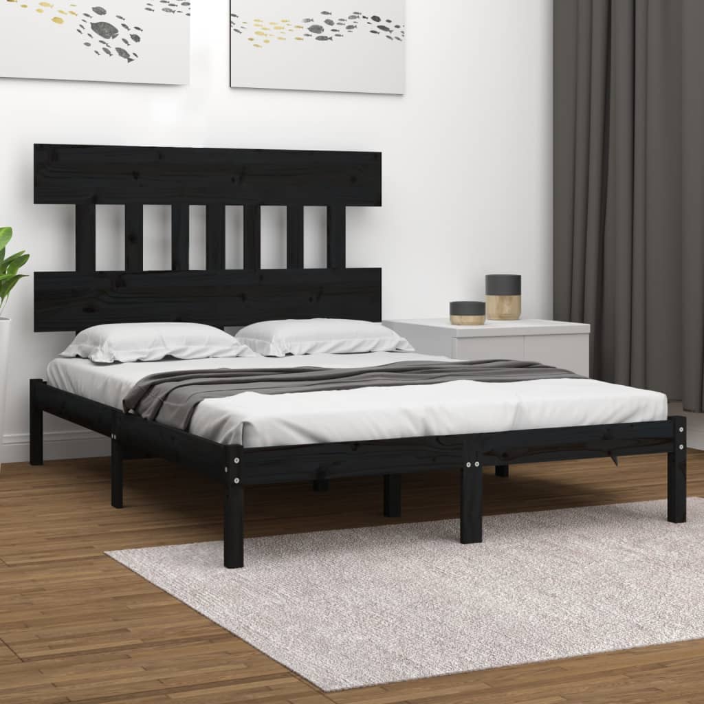 Solid Wood Black Bed Frame 200x200 cm - No Mattress Included
