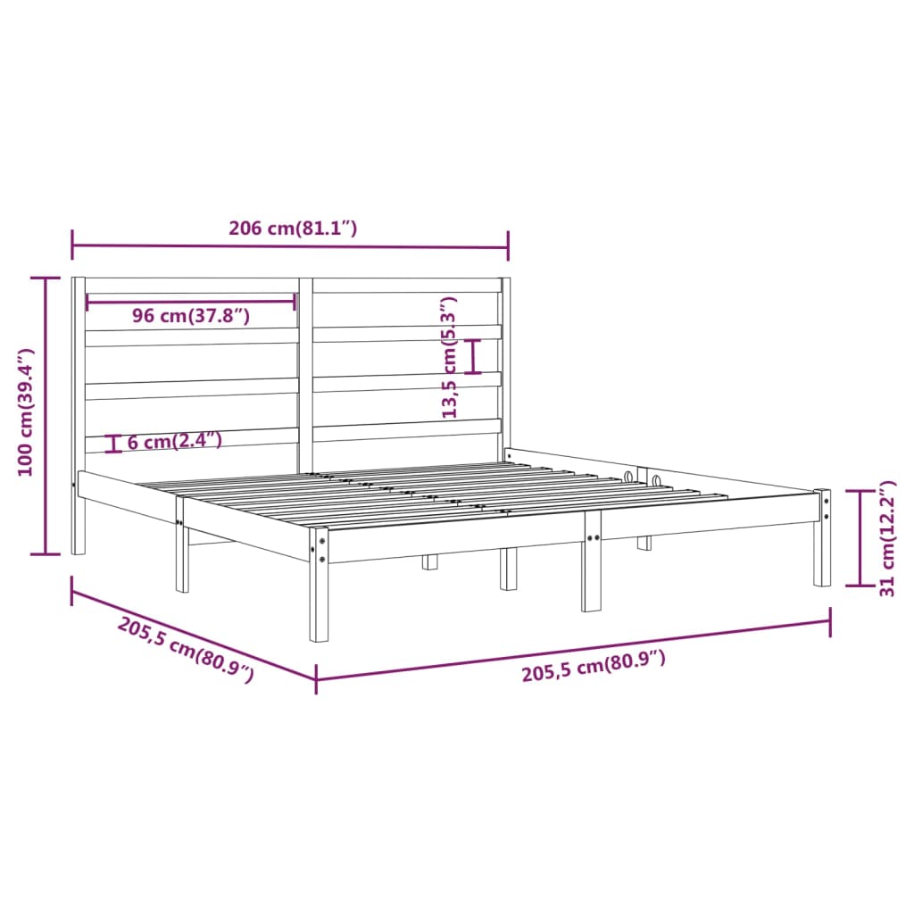 Solid Pine Wood Grey Bed Frame 200x200 cm - No Mattress Included
