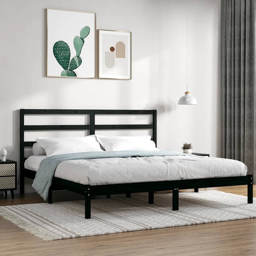 Black Solid Pine Wood Bed Frame - 200x200 cm (Mattress Not Included)