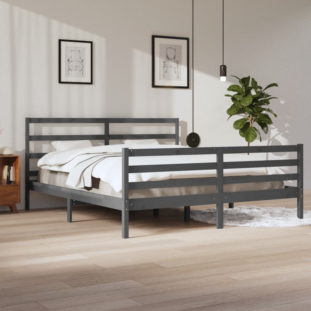 Solid Pine Wood Bed Frame, Grey, 200x200 cm, Mattress Not Included