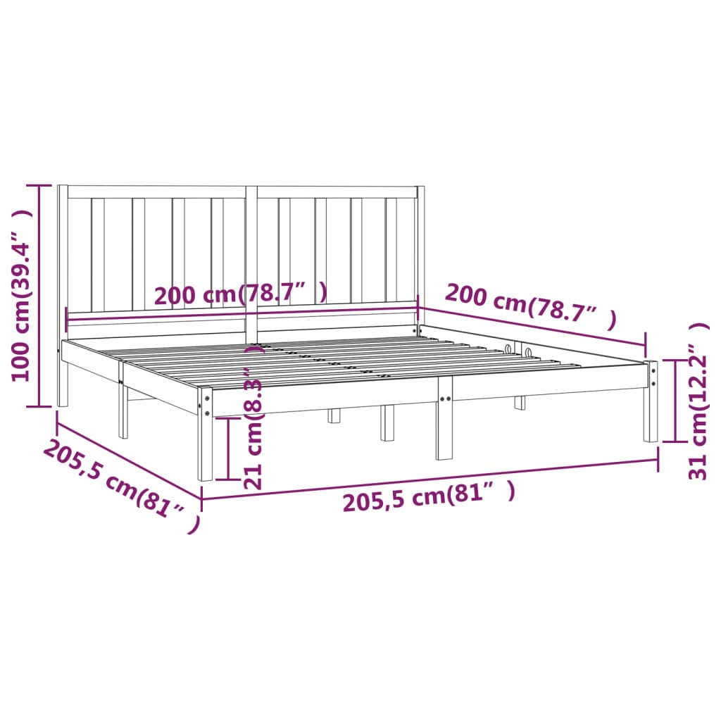Solid Pine Wood Bed Frame 200x200 cm - No Mattress Included