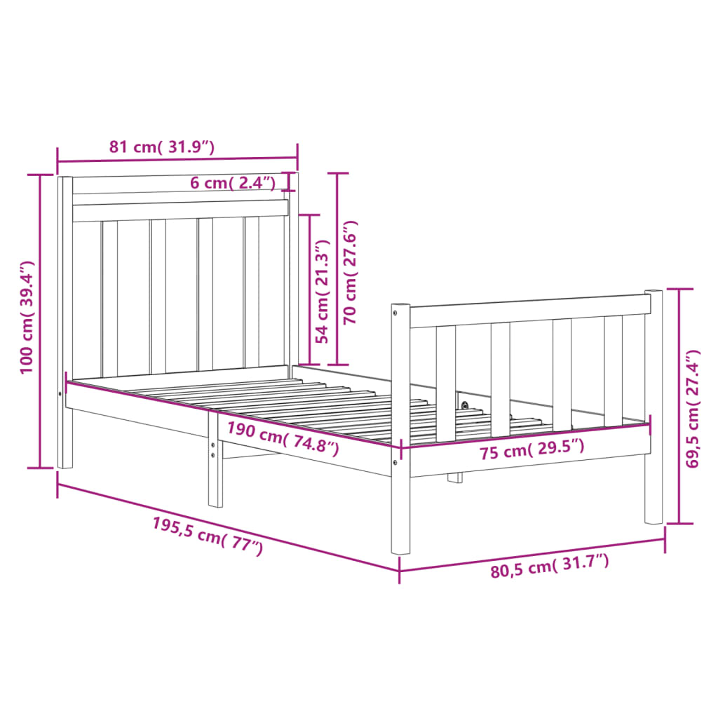 Solid Wood Black Bed Frame 75x190 cm - Small Single