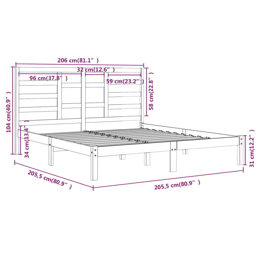 Solid Wood Grey Bed Frame 200x200 cm - Mattress Not Included
