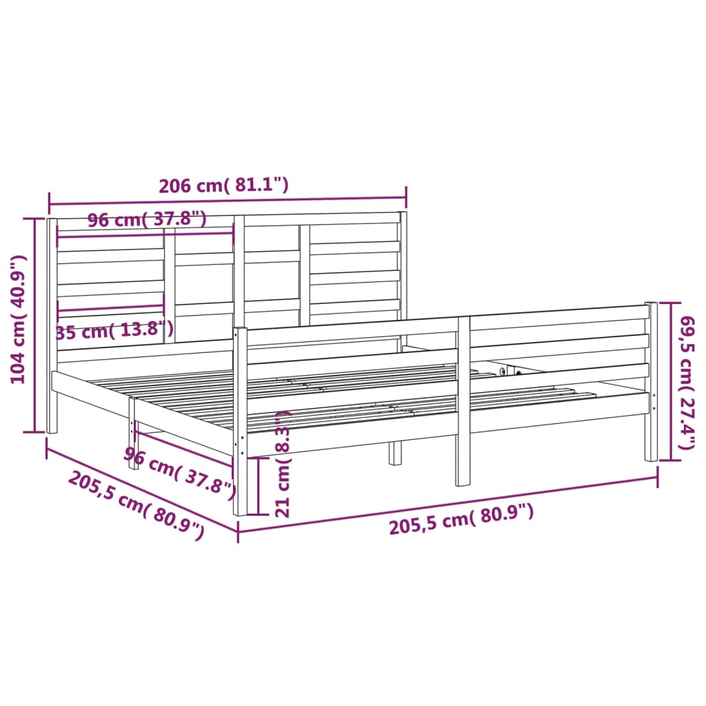 Solid Wood Grey Bed Frame 200x200 cm - Mattress Not Included