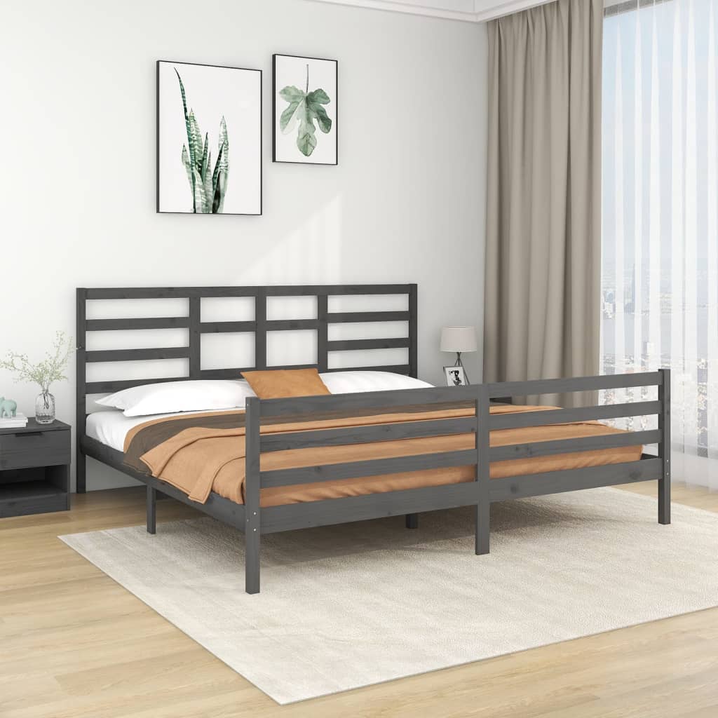 Solid Wood Grey Bed Frame 200x200 cm - Mattress Not Included