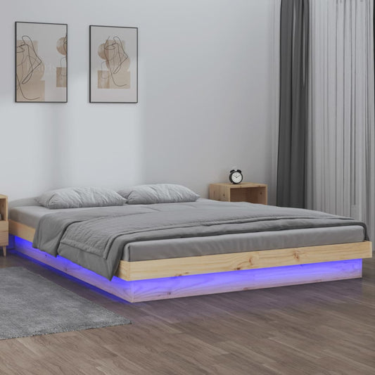 Solid Wood LED Bed Frame 200x200 cm, Mattress Not Included