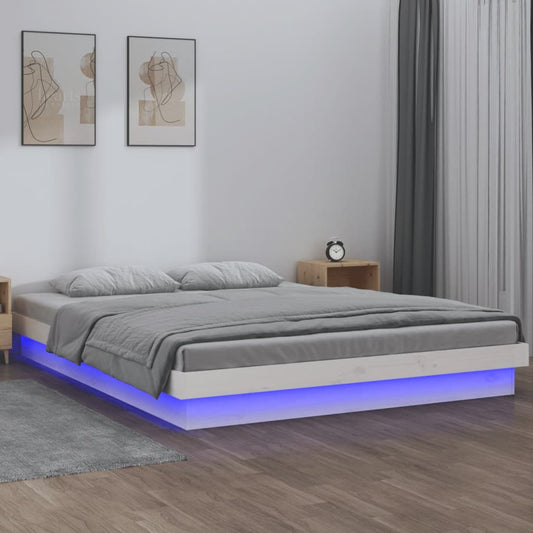 White Small Double LED Bed Frame - Solid Wood, No Mattress Included
