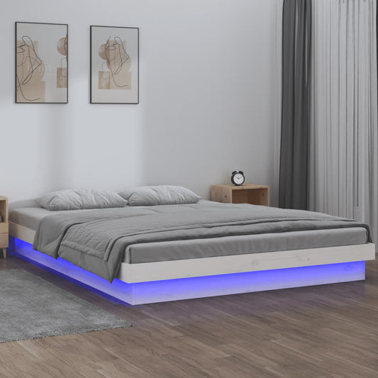 White Solid Wood LED Bed Frame, Double Size, No Mattress Included