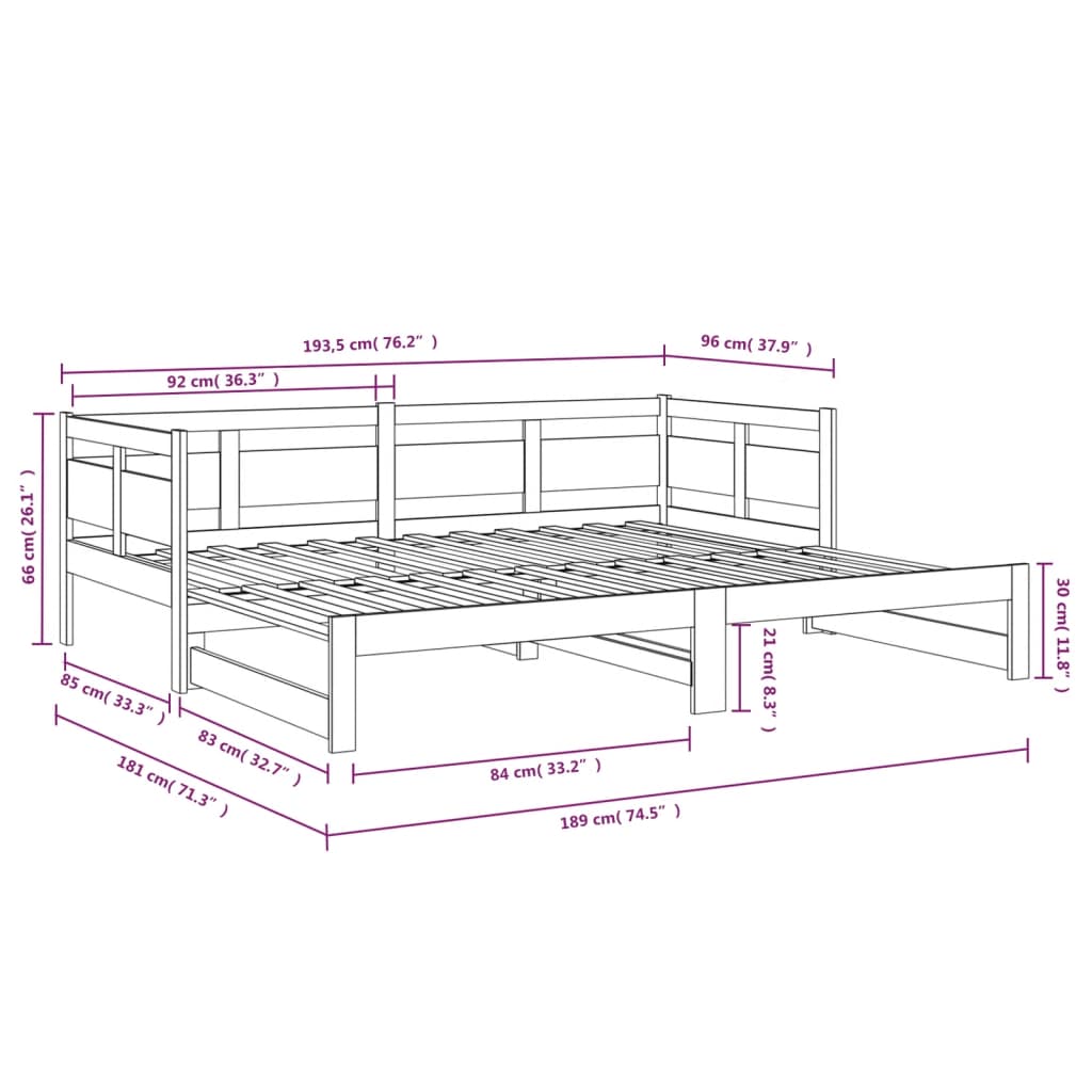 Sleek Black Metal Pull-Out Day Bed Frame 2x(90x190) cm