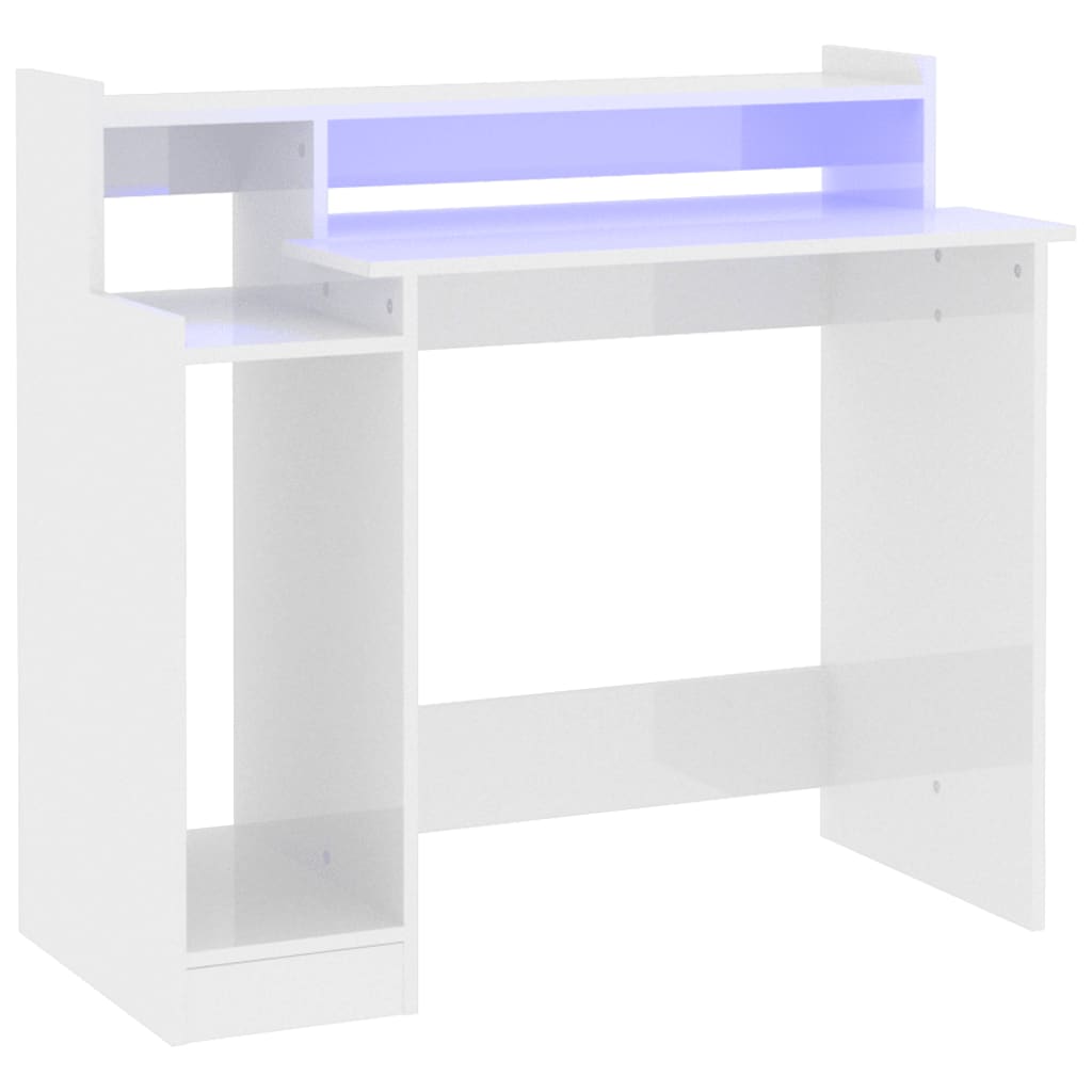 High Gloss White Desk w/ LED Lights - 97x45x90 cm Engineered Wood