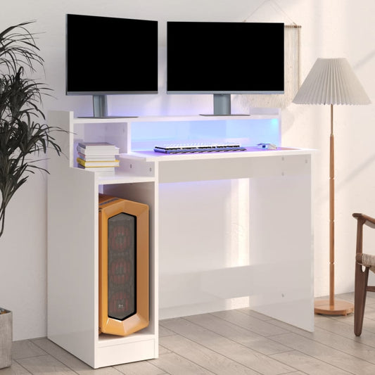 High Gloss White Desk w/ LED Lights - 97x45x90 cm Engineered Wood