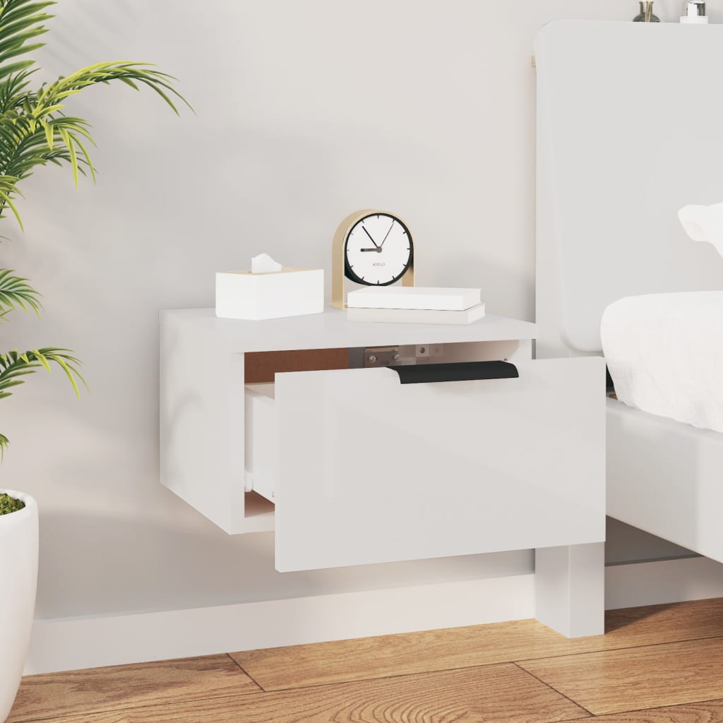 White High-Gloss Wall-Mounted Bedside Cabinet, 34x30x20 cm