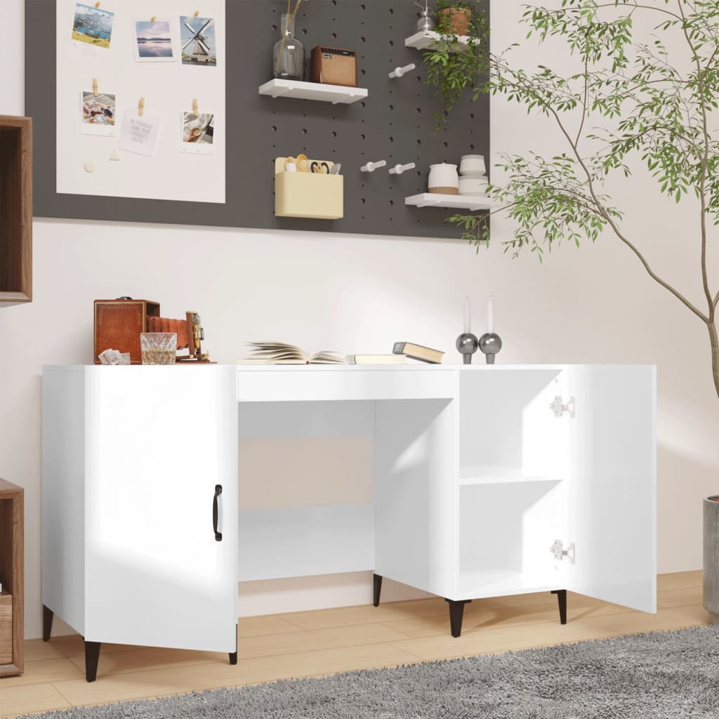 Sleek High Gloss White Desk 140x50x75 cm - Engineered Wood