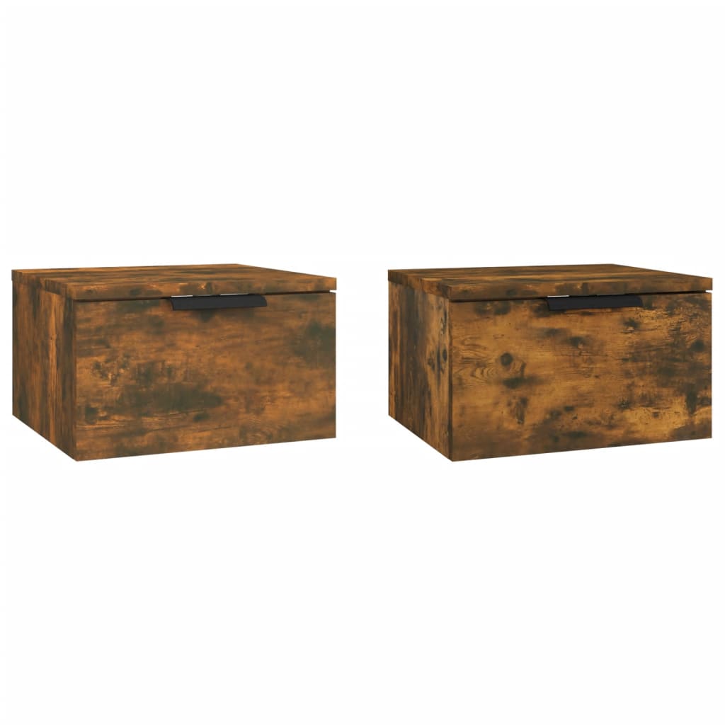 Smoked Oak Wall-Mounted Bedside Cabinets Set, 34x30x20 cm