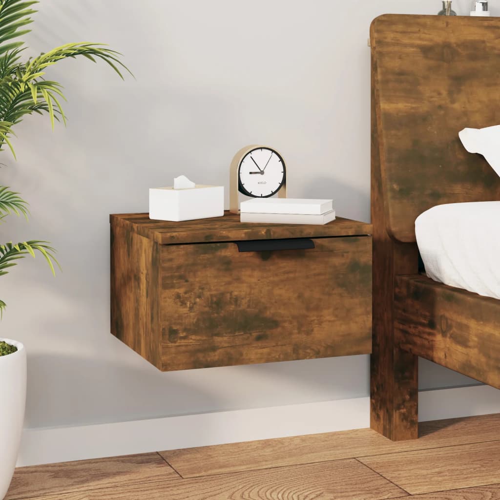 Smoked Oak Wall-Mounted Bedside Cabinets Set, 34x30x20 cm