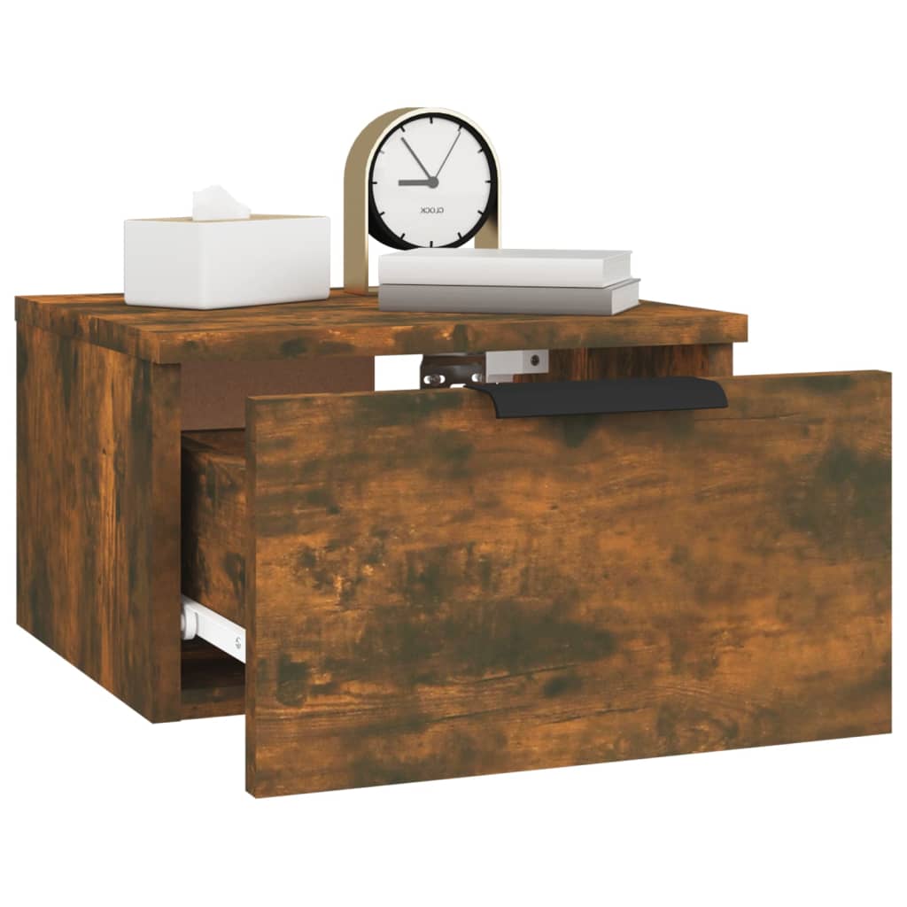 Smoked Oak Wall-Mounted Bedside Cabinets Set, 34x30x20 cm