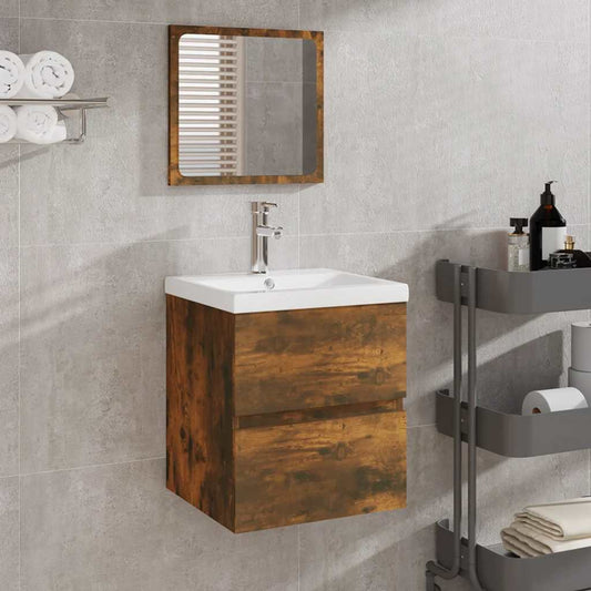 Smoked Oak Engineered Wood Bathroom Cabinet with Mirror