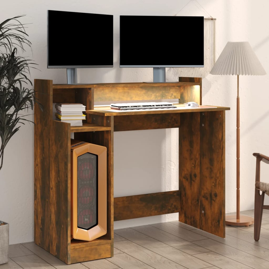 Smoked Oak Desk with LED Lights, 97x45x90 cm - Engineered Wood