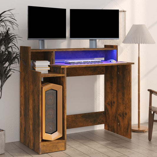 Smoked Oak Desk with LED Lights, 97x45x90 cm - Engineered Wood