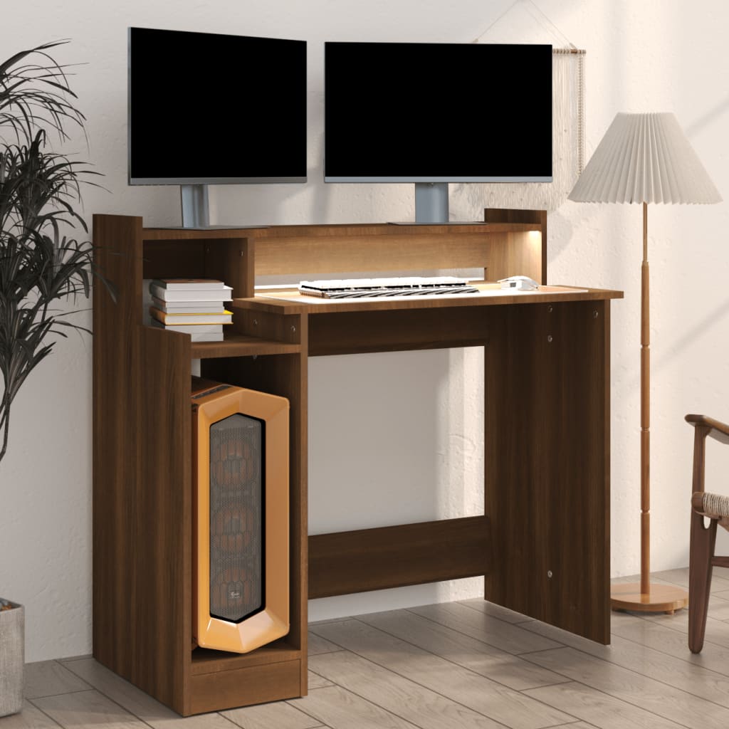 Brown Oak Desk with LED Lights - 97x45x90 cm Engineered Wood