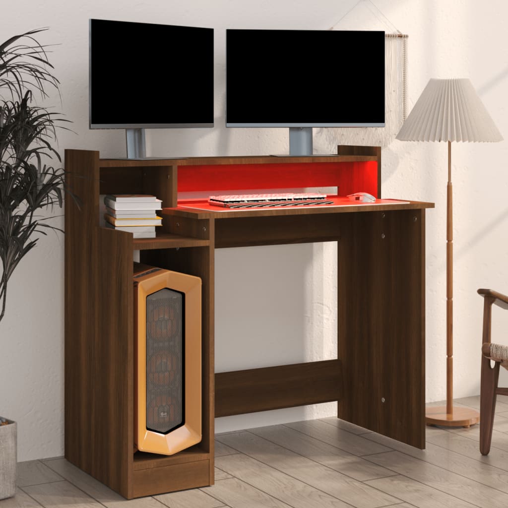 Brown Oak Desk with LED Lights - 97x45x90 cm Engineered Wood