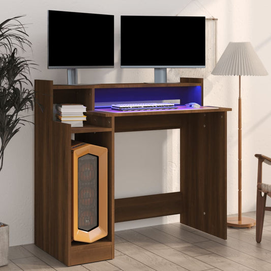 Brown Oak Desk with LED Lights - 97x45x90 cm Engineered Wood