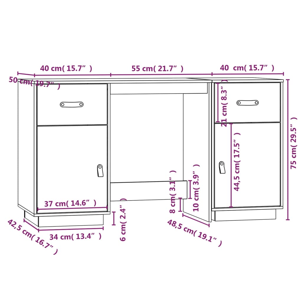 Solid Pine Wood Desk with Cabinets, 135x50x75 cm
