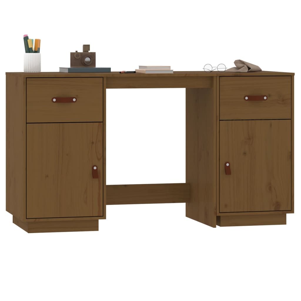 Honey Brown Solid Pine Desk with Cabinets - 135x50x75 cm