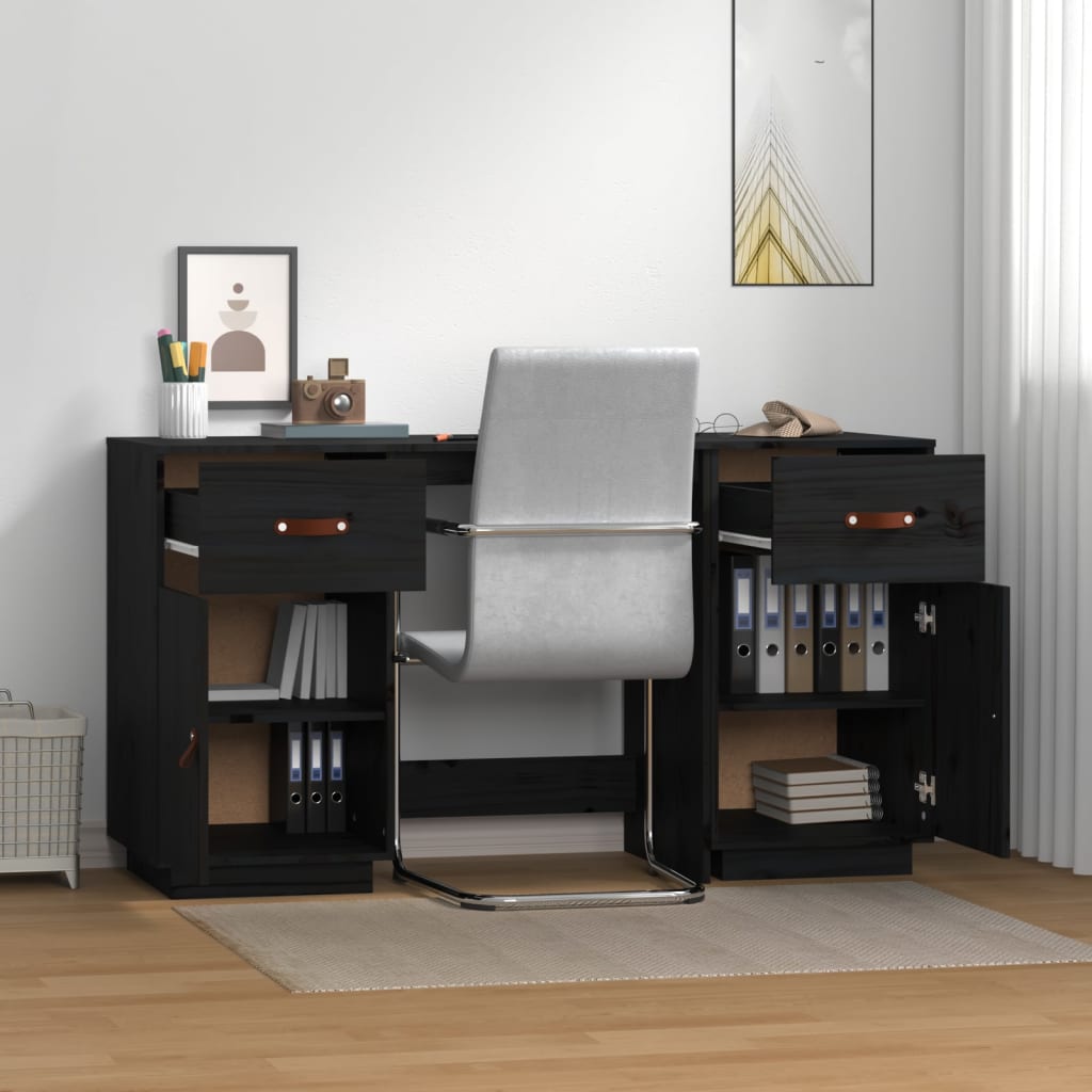 Black Solid Pine Desk with Cabinets - 135x50x75 cm