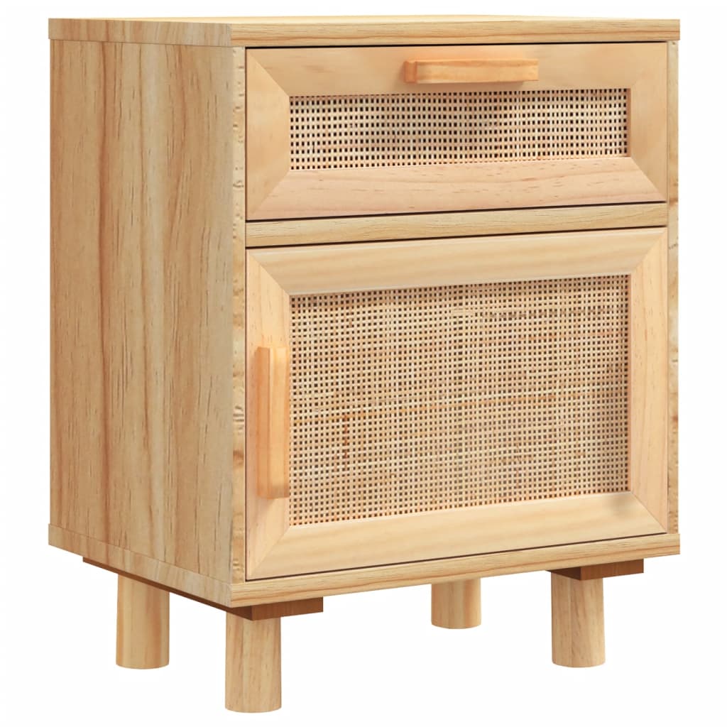 Solid Pine & Rattan Bedside Cabinet - Brown Finish