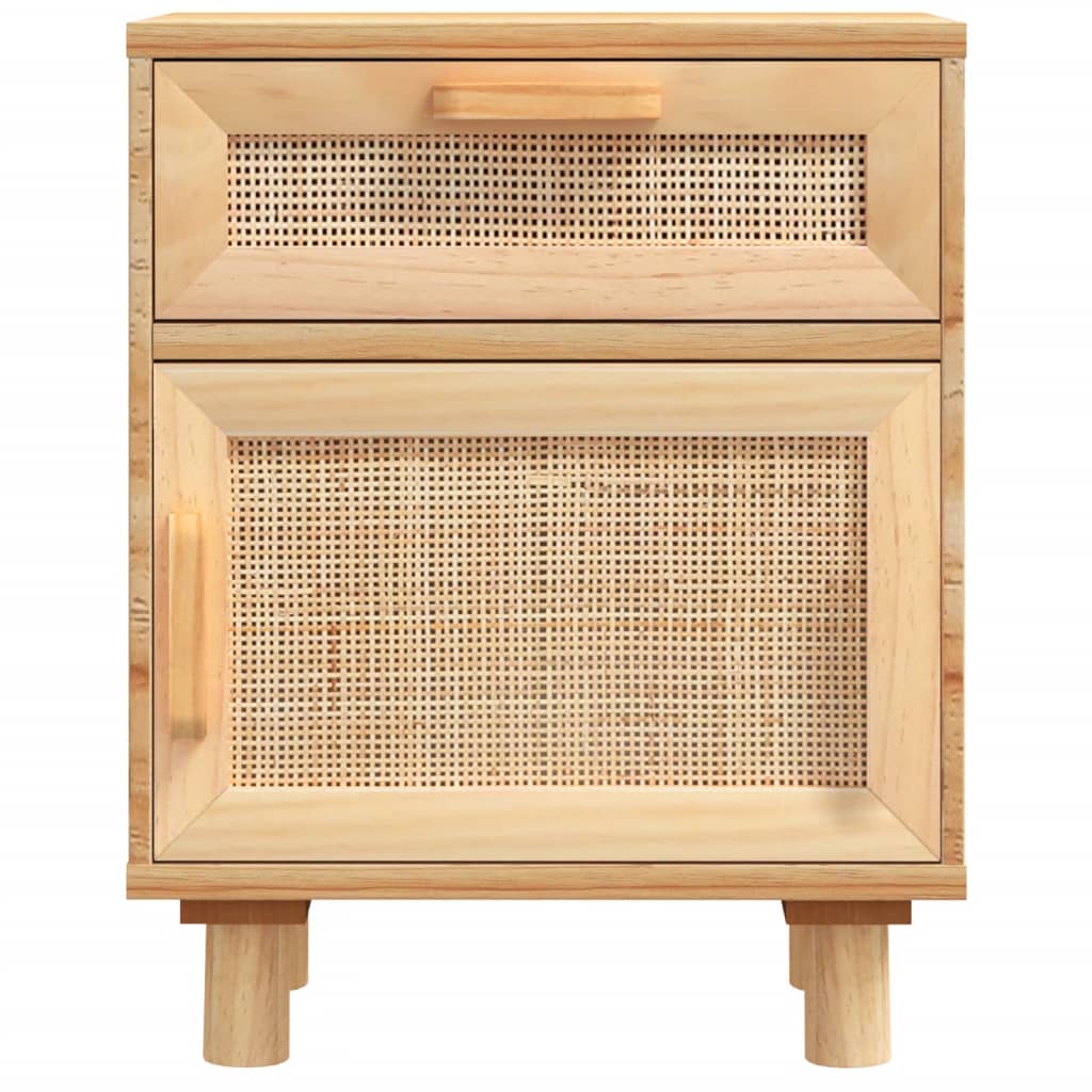 Solid Pine & Rattan Bedside Cabinet - Brown Finish
