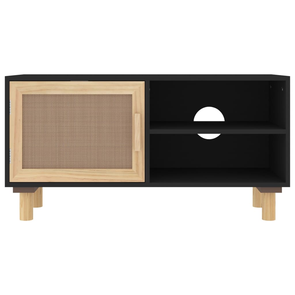 TV Cabinet Black 80x30x40 cm Solid Wood Pine and Natural Rattan