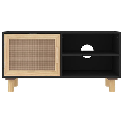 TV Cabinet Black 80x30x40 cm Solid Wood Pine and Natural Rattan
