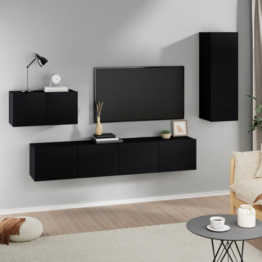 4 Piece TV Cabinet Set Black Engineered Wood