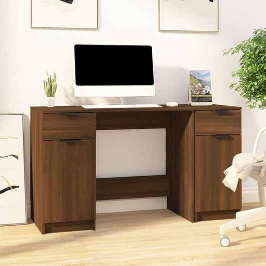 Brown Oak Desk with Side Cabinet - Engineered Wood Workspace