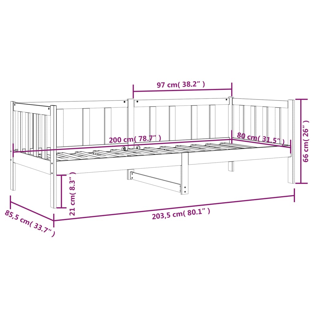 White Solid Pine Wood Day Bed Frame 80x200cm - No Mattress