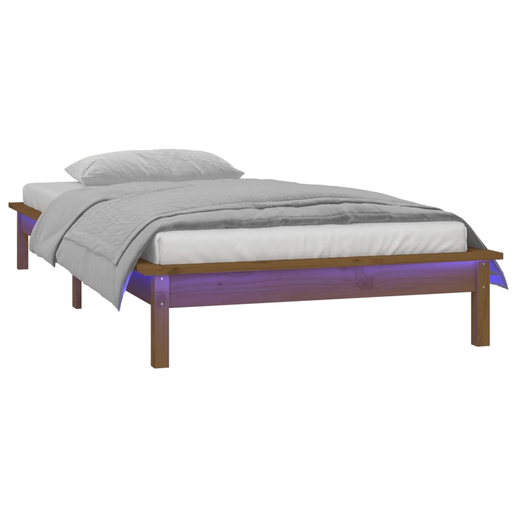 Honey Brown Solid Wood LED Bed Frame 90x200 cm (No Mattress)