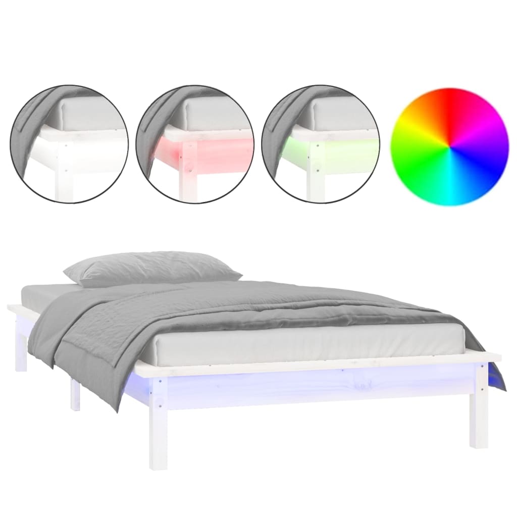 White Solid Wood LED Bed Frame 100x200 cm - Mattress Not Included