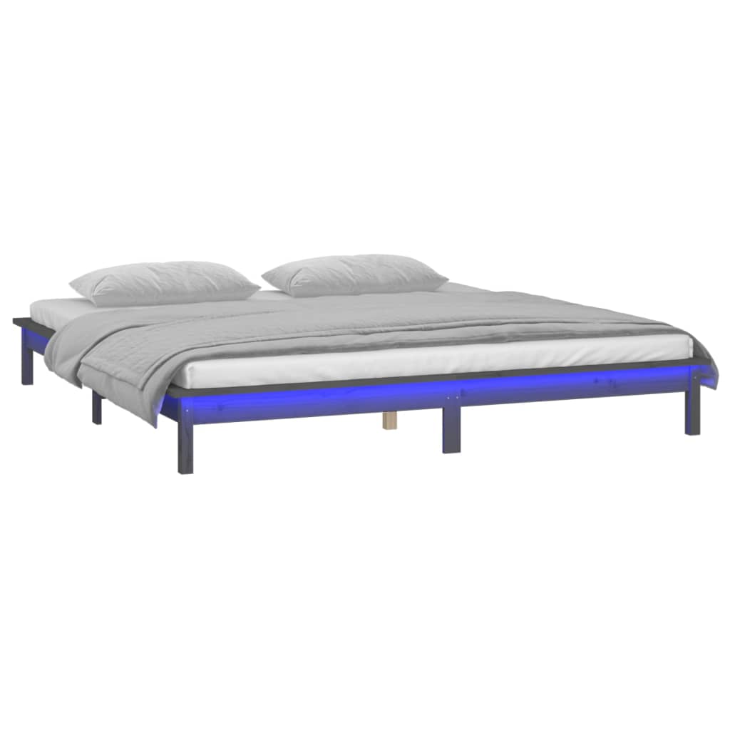Solid Wood Grey LED Bed Frame 120x200 cm - No Mattress Included