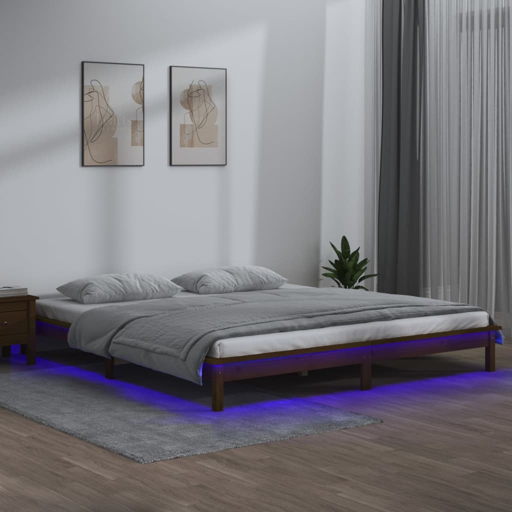 Solid Wood LED Bed Frame 140x200cm, Honey Brown Finish