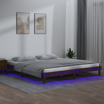 Solid Wood LED Bed Frame 140x200cm, Honey Brown Finish