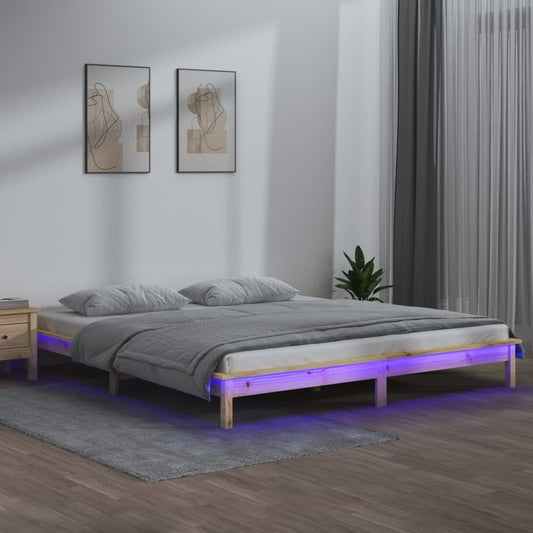 Solid Wood LED Bed Frame 200x200 cm - No Mattress Included