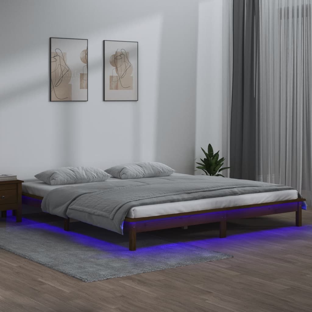 Solid Wood LED Bed Frame - Honey Brown, 200x200 cm (No Mattress)
