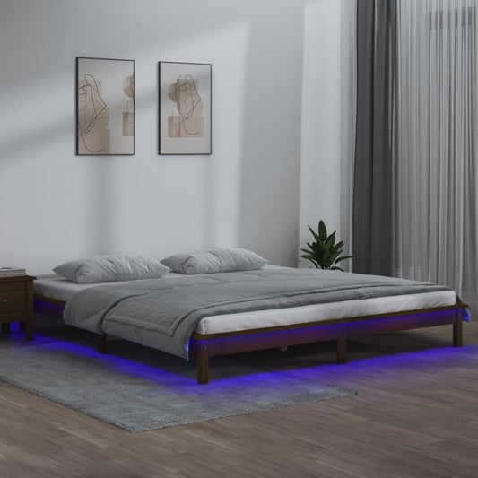 Solid Wood LED Bed Frame - Honey Brown, 200x200 cm (No Mattress)